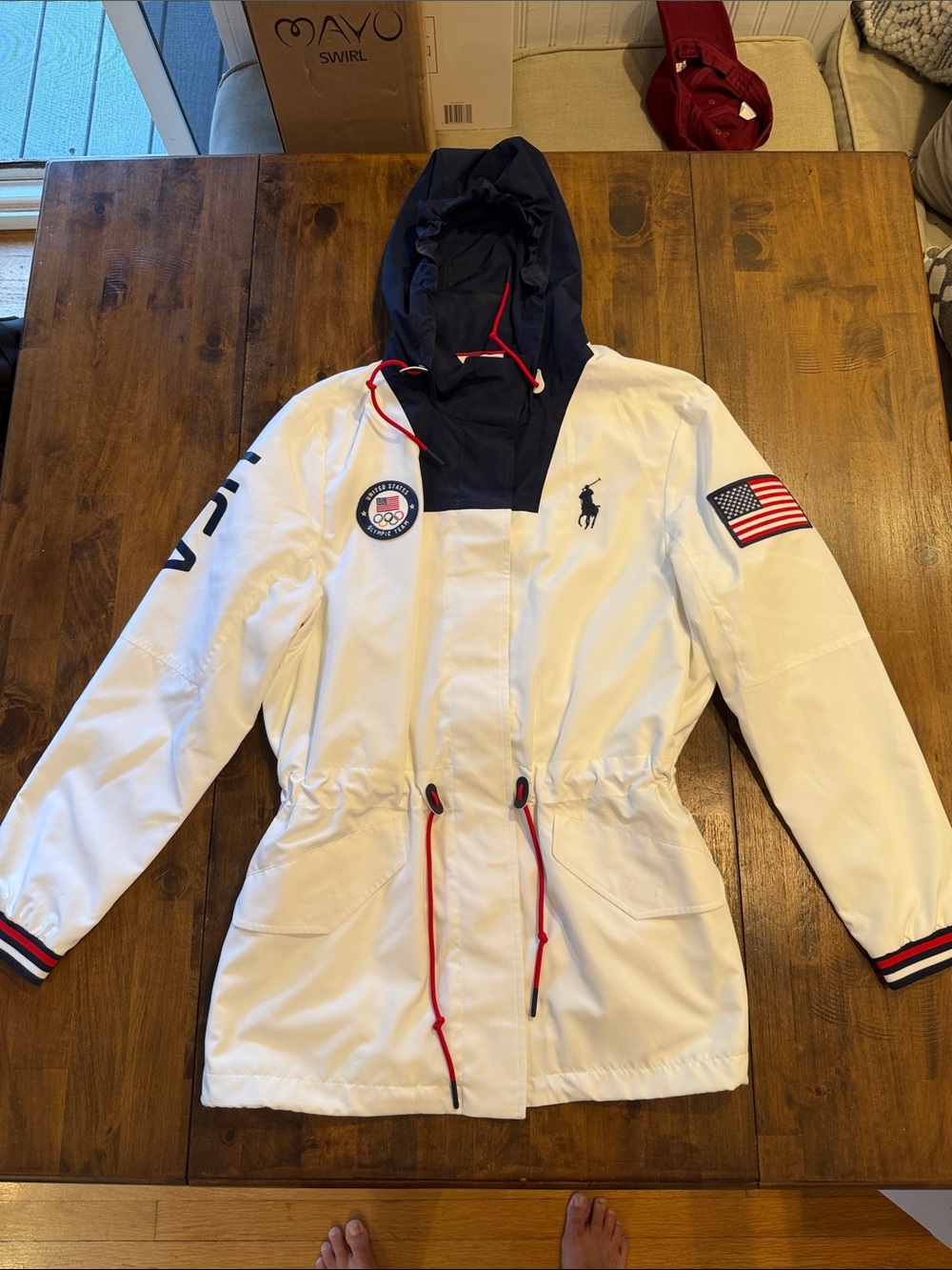 Ralph Lauren team USA White Hooded Parka with Navy Hood & Red Accents
